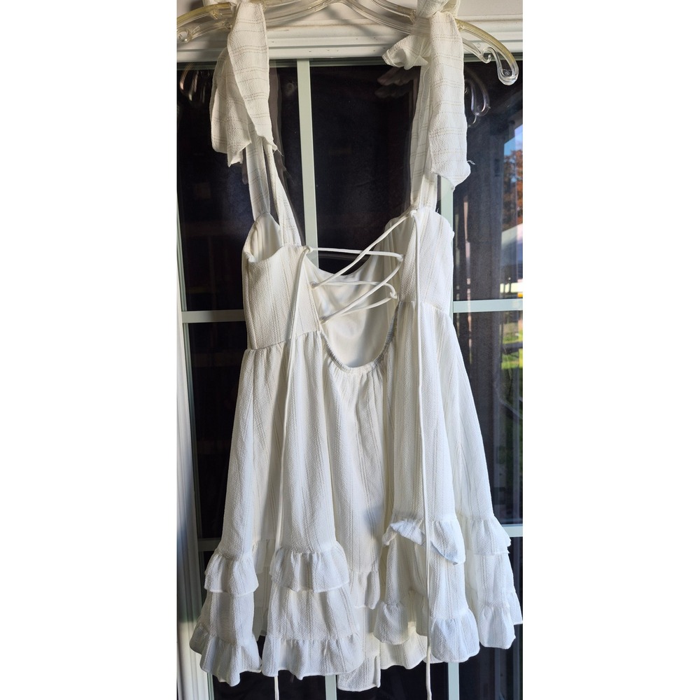 White Gold Pinstripe Ruffle Mini Dress Corset Lace Up Back Tie Strap Womens S - Picture 2 of 16